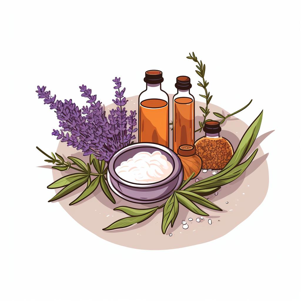 Assortment of essential oils, Epsom salts, and dried herbs
